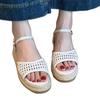 Sheepskin version~ Straw word with platform sandals women's new retro round head hollow high heel French woven women's shoes