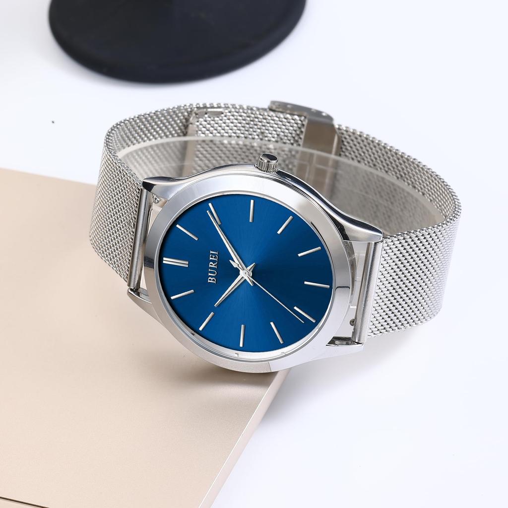 BUREI Мужские аналоговые кварцевые часы, Водонепроницаемые, Сетчатый браслет, Серебристые, Популярные, Тонкие, Простые, Стильные, Деловые, Повседневные, Мужские часы (Синий, Нержавеющая сталь)