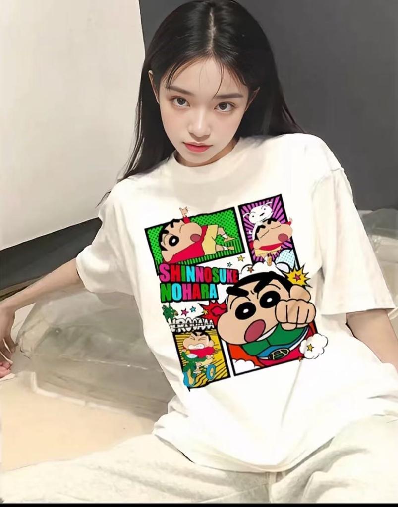 2026 Summer Comic Form Crayon Shinchan Image 100 Cotton Printed Oversize Casual Tshirt Adult Children Parentchild Top y2k