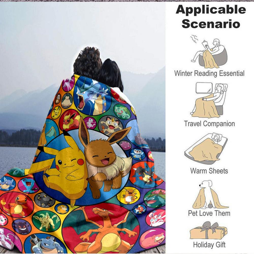 1PC Pikachu, Eevee Blanket Lightweight Flannel Throw Blanket for Sofa, Bed, Travel, Camping, Livingroom, Office, Couch