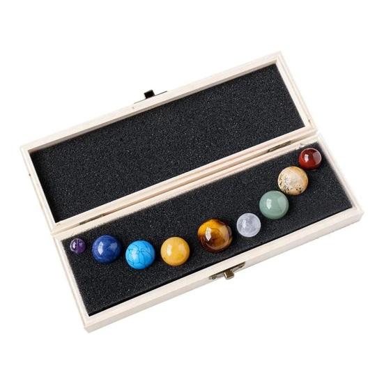 Faux Crystal 9 Planets Ball Solar Sun System Rock with Wooden Box Realistic Looking Quartz Stones Beads Desktop Decoration