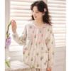 Summer pajamas women's pure cotton cotton yarn floral women's round neck sweet wind round neck thin cardigan long-sleeved set 11