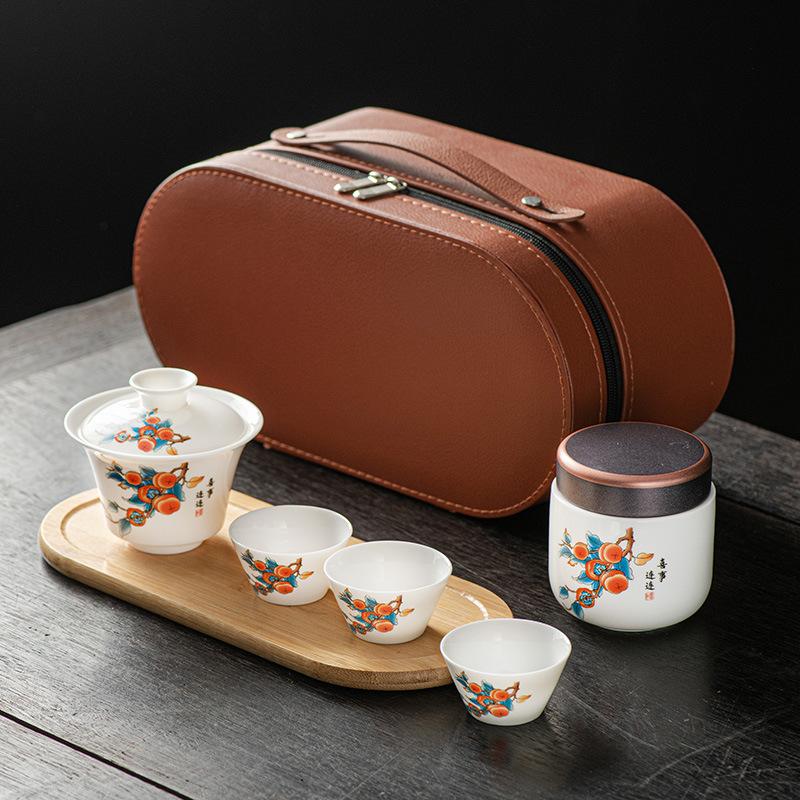Suet jade white porcelain kung fu tea set cover bowl teacup outdoor portable travel tea set