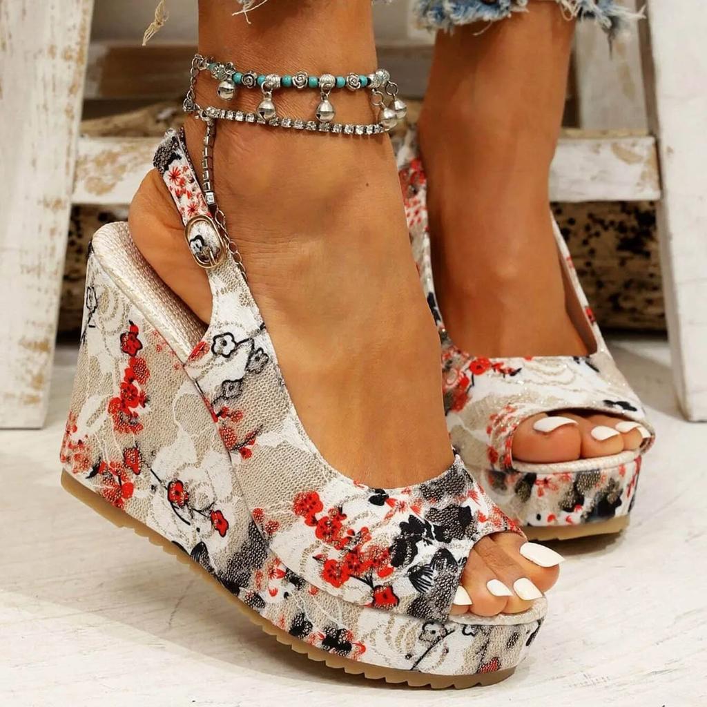 Women Fashion Thick Heel Sandals Wedge Platform Sandals Fish Mouth Print High Heel Women'S Sandals Shallow Cut Shoes Woman 2024