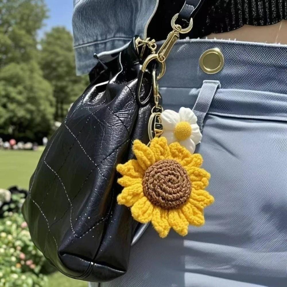 Cotton Crochet Sunflower Pendant Fabric Bag Lanyard Charm Cute Knitted Keychain  Daily