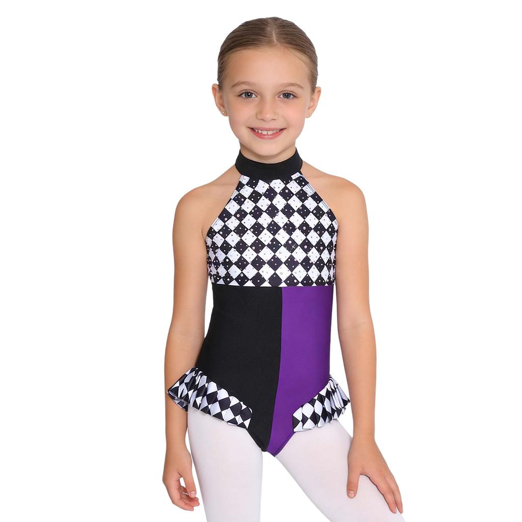 Girls Clown Costume Sparkly Rhinestones Jumpsuit Halter Sleeveless Plaid Pattern Ruffled Trim Bodysuit