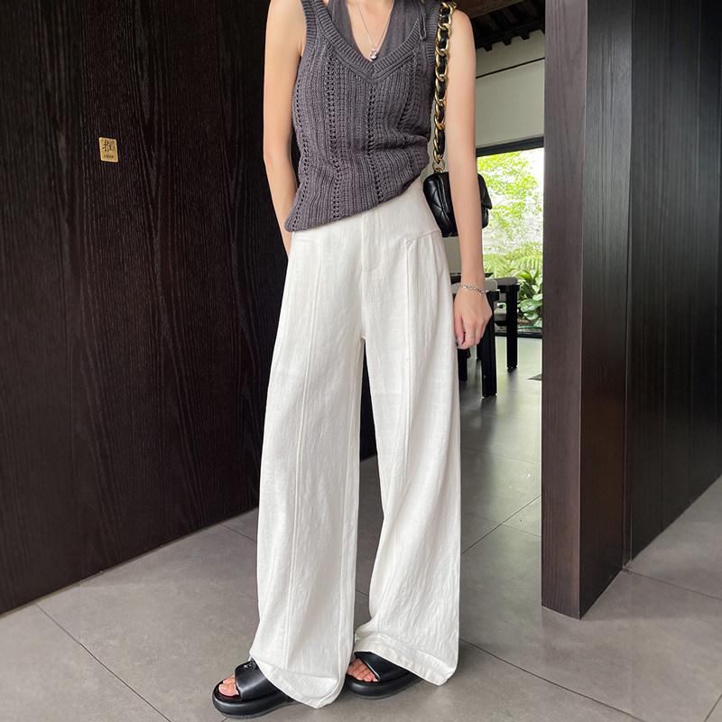2026 High-Waist Cotton Linen White Wide-Leg Pants - Women's Anti-See-Through Straight-Leg Summer Casual 'Old Money' Style