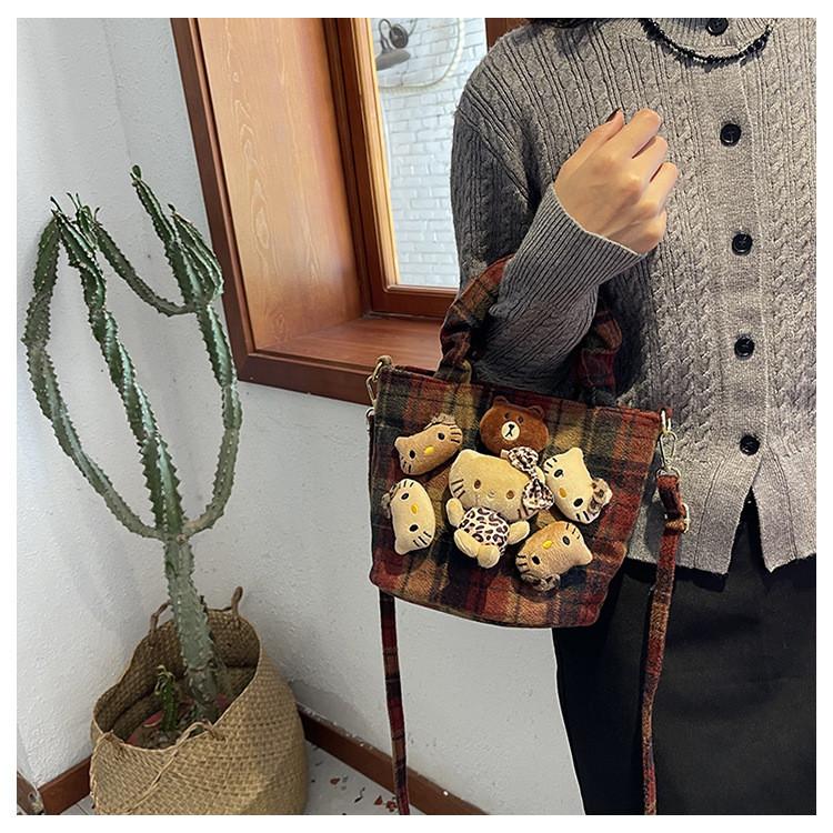 Ielgy Fashion Cute Doll Handbag Autumn Winter Woolen Check Bucket Bag Large Capacity Crossbody Bag