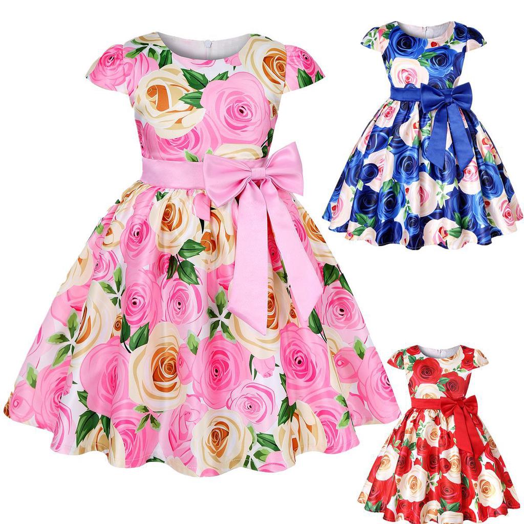 Elegant Girl Kids Flower Printed Party Dress Children Ball Gown Performance Wedding Dresses