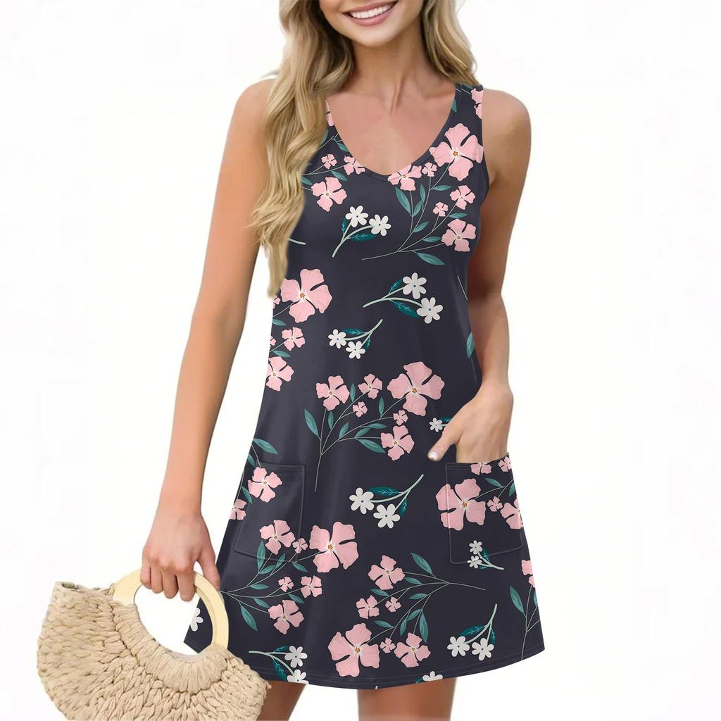 Женское повседневное летнее платье-жилет с карманами, цветочным принтом, V-образным вырезом, без рукавов