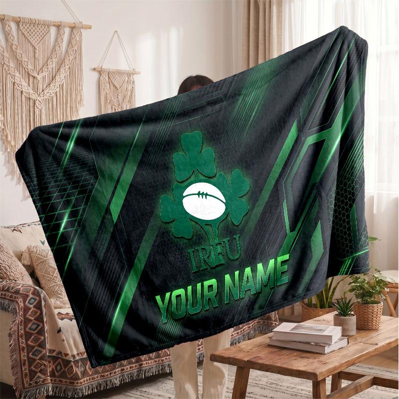 Ireland Rugby Flannel Blanket, Custom Name Text Personalized Soft Throw Blanket Home Decor Gift