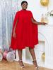AOMEI Party Dresses for Women Stand Collar Pleated Cape Sleeve Loose Midi Dresses Elegant Lady Evening Wedding Birthday Events Red Outfit
