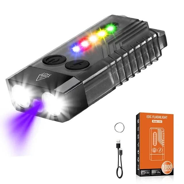 V10 EDC Мини-фонарик Брелок Свет Тип-C Перезаряжаемый 1000Лм Фонарь Многофункциональный Красная линия Синий Красный УФ Аварийный свет