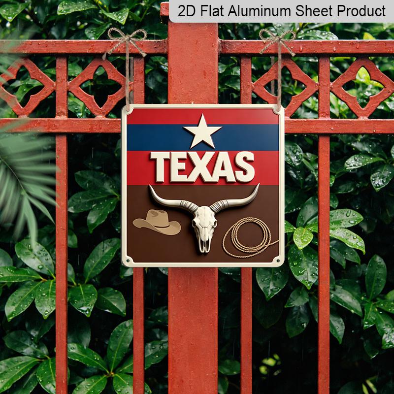 2D Flat- 1pc, Vintage Square Aluminum Sign with Longhorn Skull and Rope Elements, Themed Decoration Patio or Study, Rustic Display