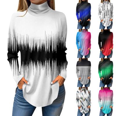 Женская модная повседневная футболка с длинным рукавом с высоким воротом и принтом, пуловер, топ