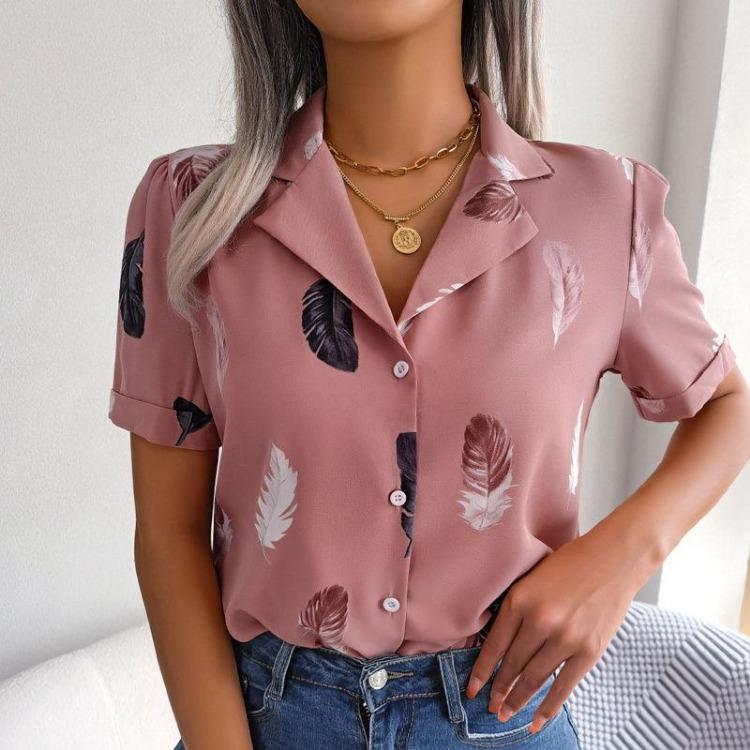 Women's Summer Casual Loose Feather Collar Short Sleeve Blouse Top All Match Shirt Suit