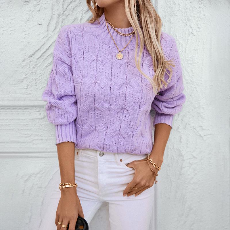 Autumn Winter Vintage Loose Long Sleeve Top Solid Color Pullover Knitwear Stand Collar Sweater