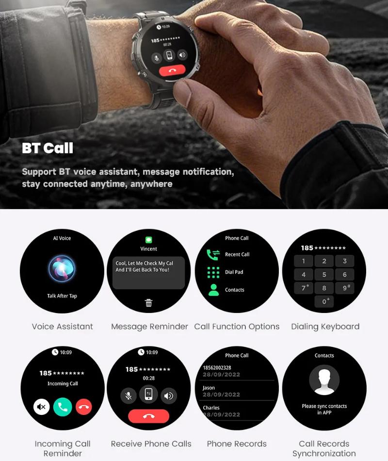 Умные часы для занятий спортом на открытом воздухе, аккумулятор 1000 мАч, 1,73-дюймовый AMOLED-экран, мужские часы, компас, водонепроницаемость 10 АТМ, умные часы с Bluetooth-вызовом