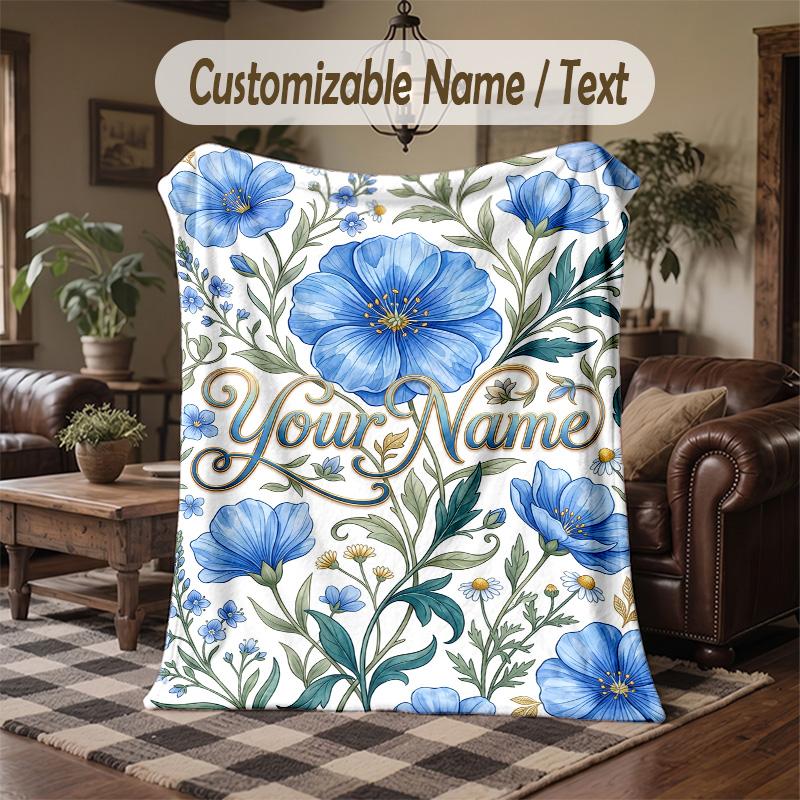 Blue Floral Elegance 6 Theme Throw Blanket Custom Name Text Personalized Blanket Soft Cozy Blanket for Home Sofa Bed