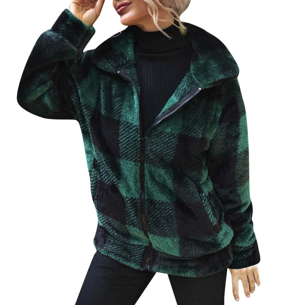 Женская повседневная клетчатая куртка средней длины с двухсторонним плюшем на молнии с длинными рукавами