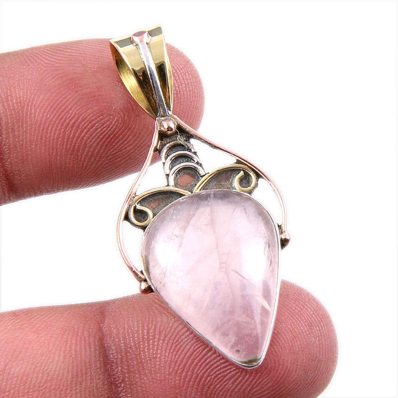 Natural Rose Quartz 925 Solid Sterling Silver Jewelry TwoTone Pendant 1.75" E7A98