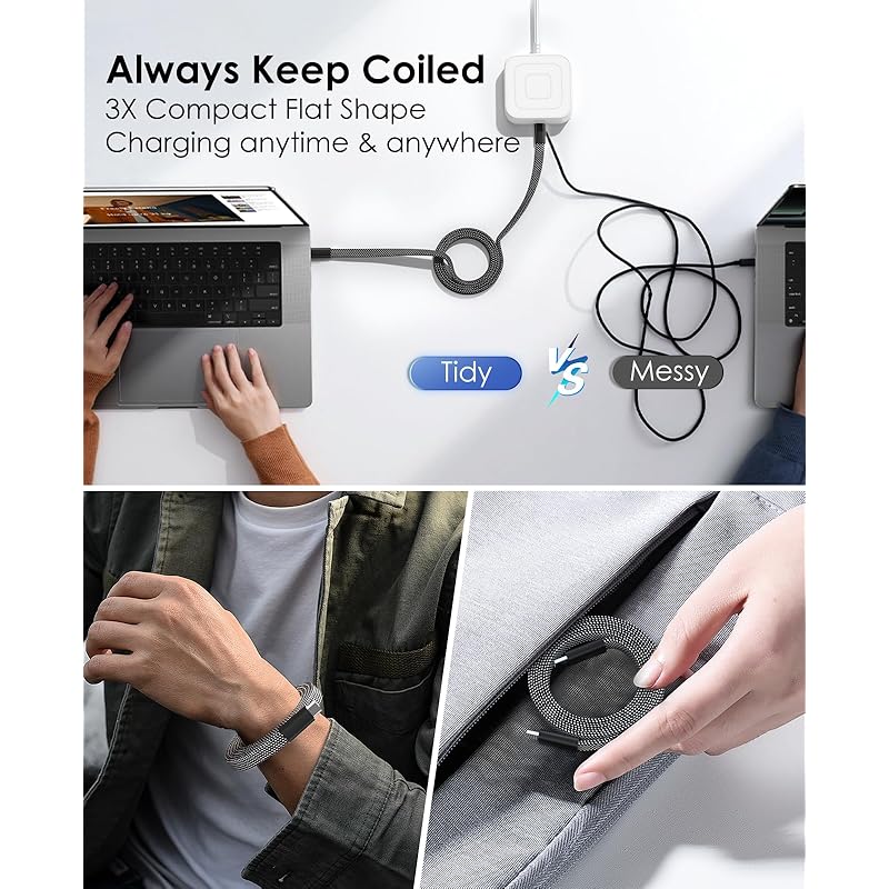 Magtame Type C Cable Flat Flat Magnet Automatic Storage 240W/5A Fast Charging Type-c Cable QC4.0/PD3.1 Compatible Usbc-usbc Cable Metal Connector