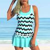 Women's Shoulder Strap Swimsuit Light Blue Waves Print Bikini Tankini Swimsuit