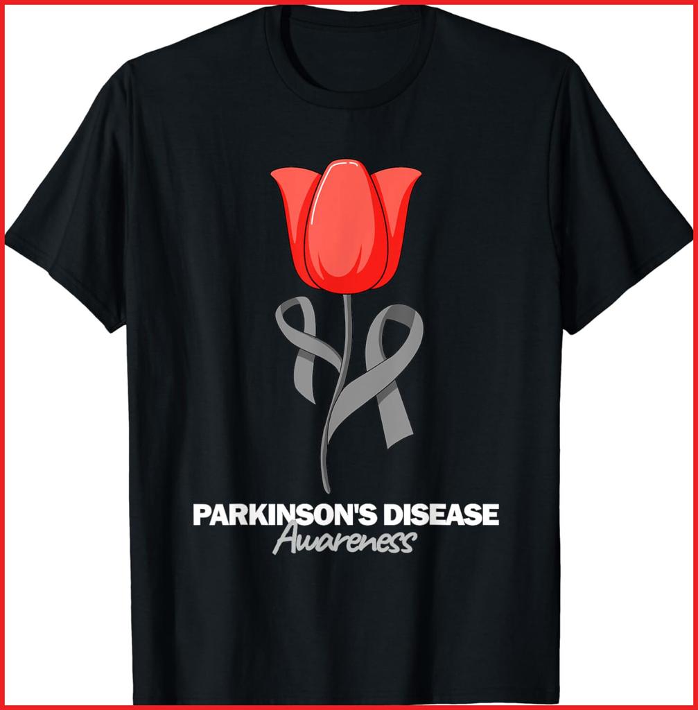 Parkinson's Disease Awareness April Month Red Tulip Black Cotton T-Shirt S-5XL