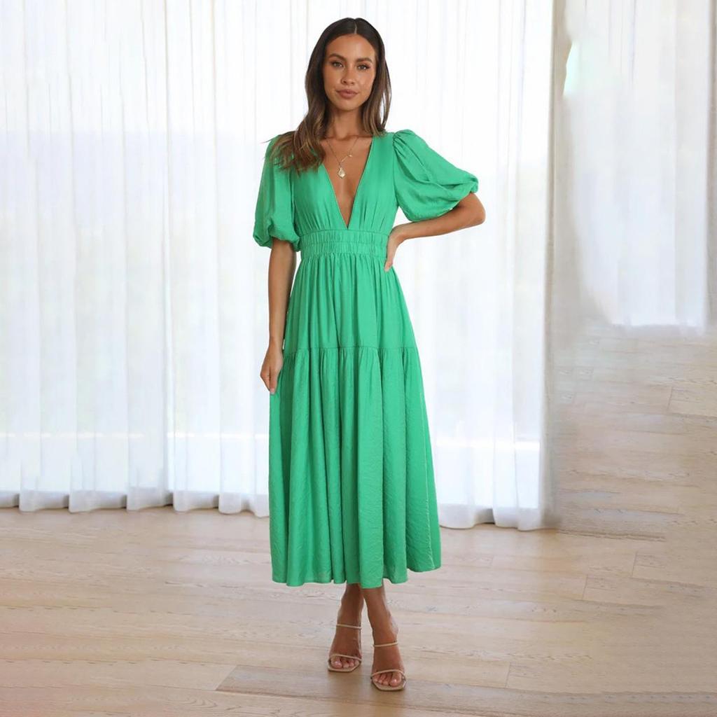 Women Spring Solid Color Short Puff Sleeve Dress Summer Casual V-Neck High Waist Ankle-Length Dresses S-XL