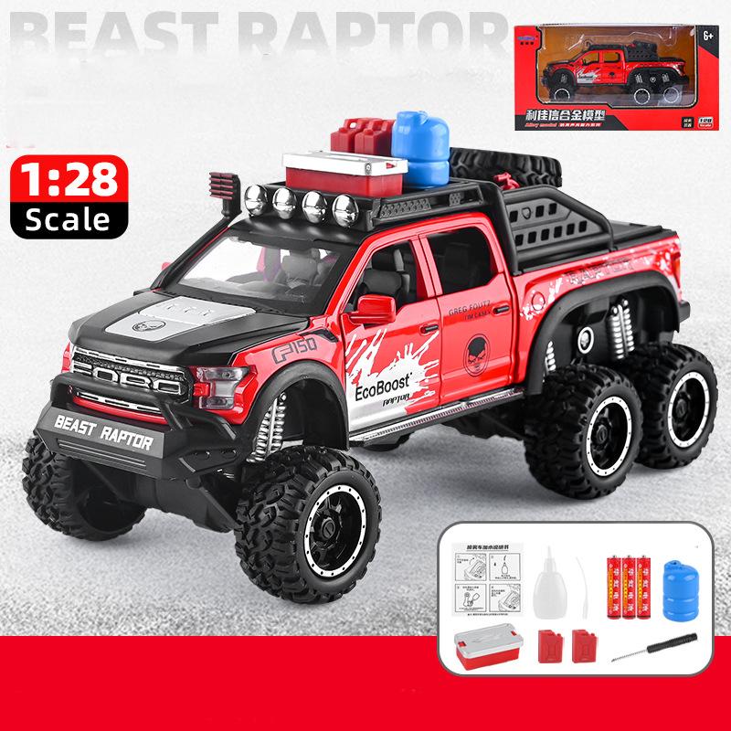 1/28 Scale Ford Raptor F150 6X6 Pickup Truck Diecast Car Model Toy, Pull Back Toy Vehicle with Sound and Light for Kids Toddler Gift Collection
