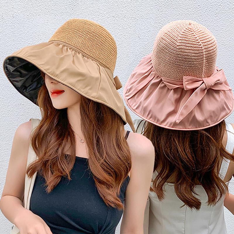 Summer New Women'S Bucket Hat, Uv Protection Sun Hat Solid Color Wide Brim, Foldable Beach Outdoor Ponytail Cap