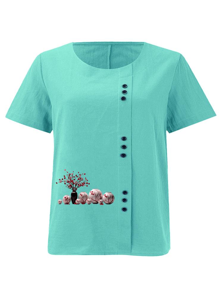 Women's Fashion Vase Print Casual Cotton Linen Short Sleeve Round Neck T-shirt Shirt Leisure Loose Summer Blouse Tops