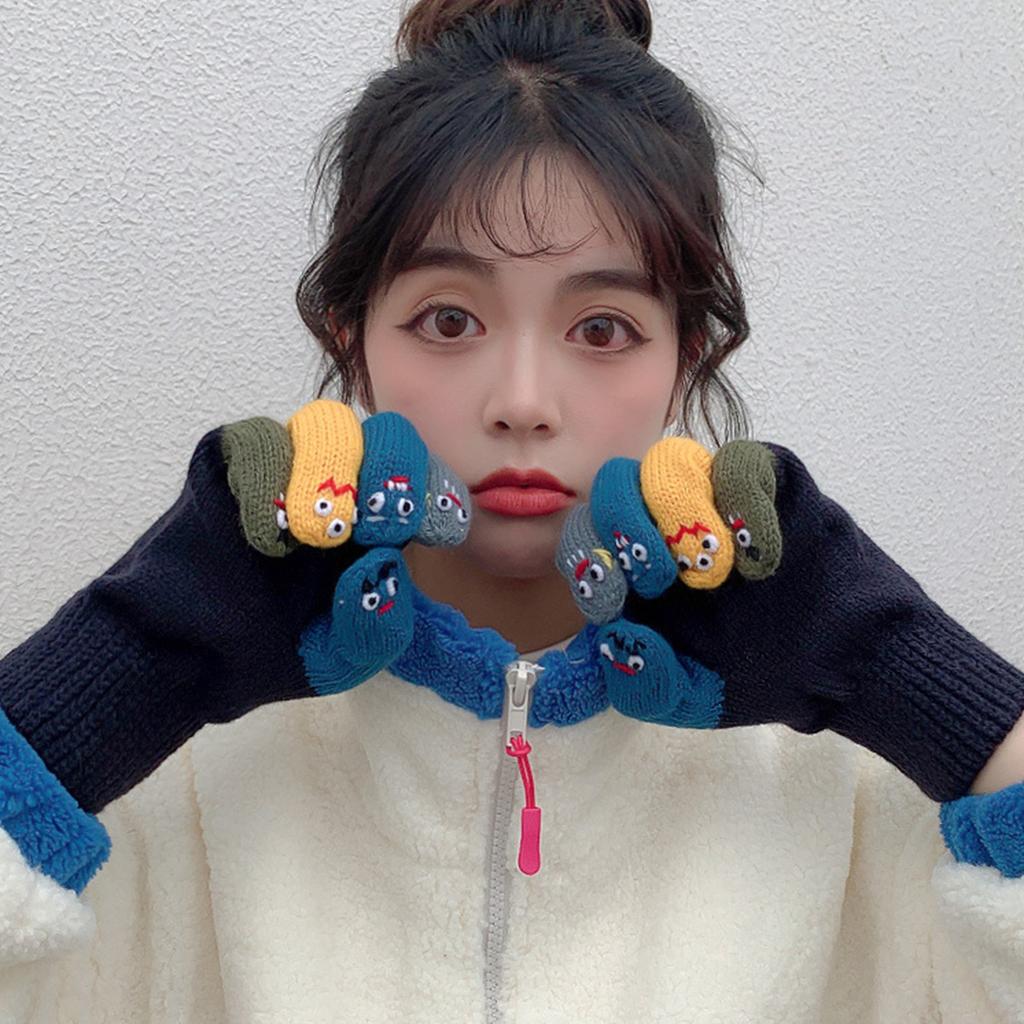 Забавный узор с инопланетным выражением, вязаные перчатки, зимние варежки с полными пальцами, утолщенные теплые рождественские велосипедные перчатки для девочек