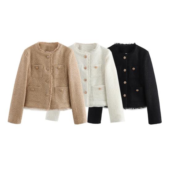 Женские укороченные твидовые пиджаки с длинным рукавом и застежкой на пуговицы, короткое пальто