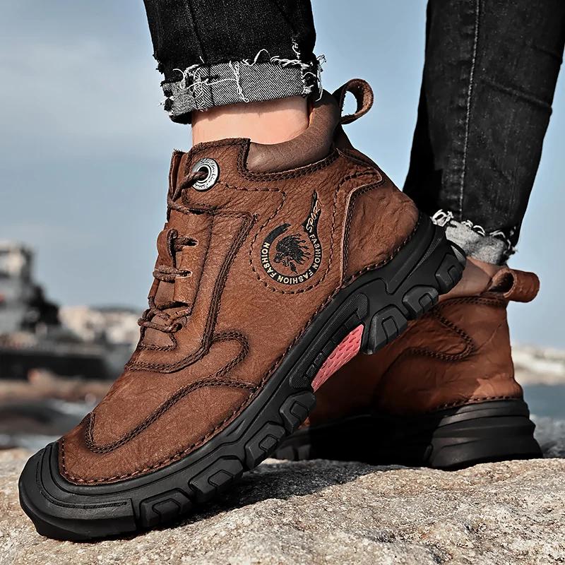 Модные походные мужские ботинки, новые кожаные походные ботинки для мужчин, нескользящие повседневные ботинки в стиле ретро, зимние теплые удобные кожаные мужские ботинки
