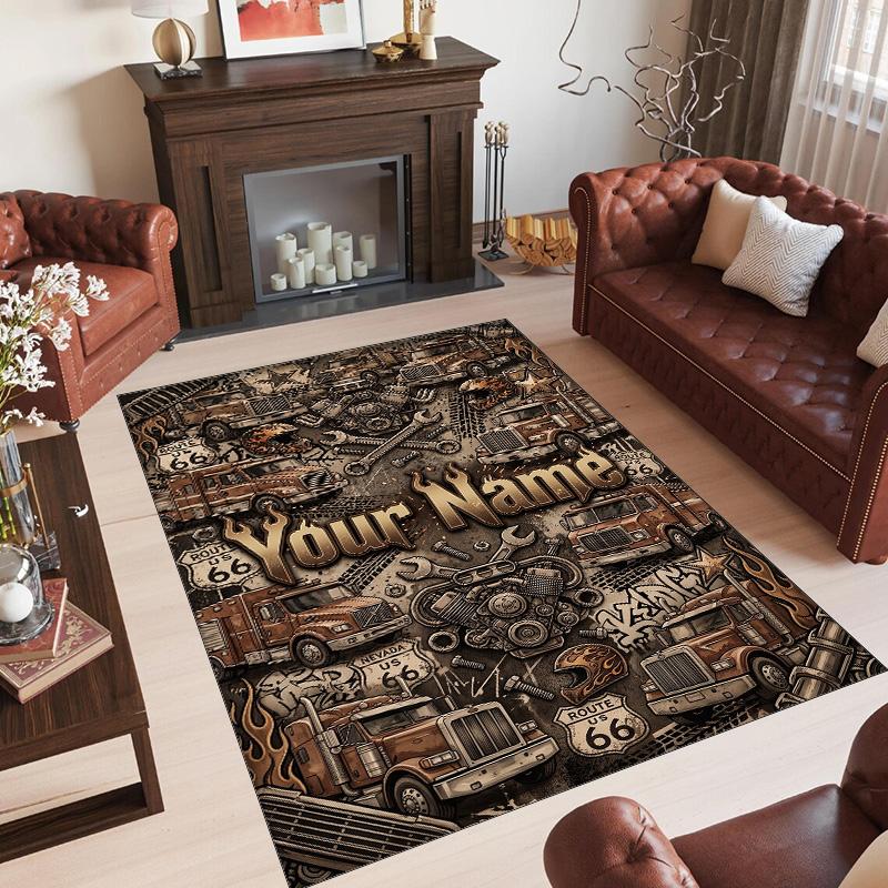Truck Theme Crystal Velvet Rug Personalized Custom Name Text Soft Floor Mat Home Decor