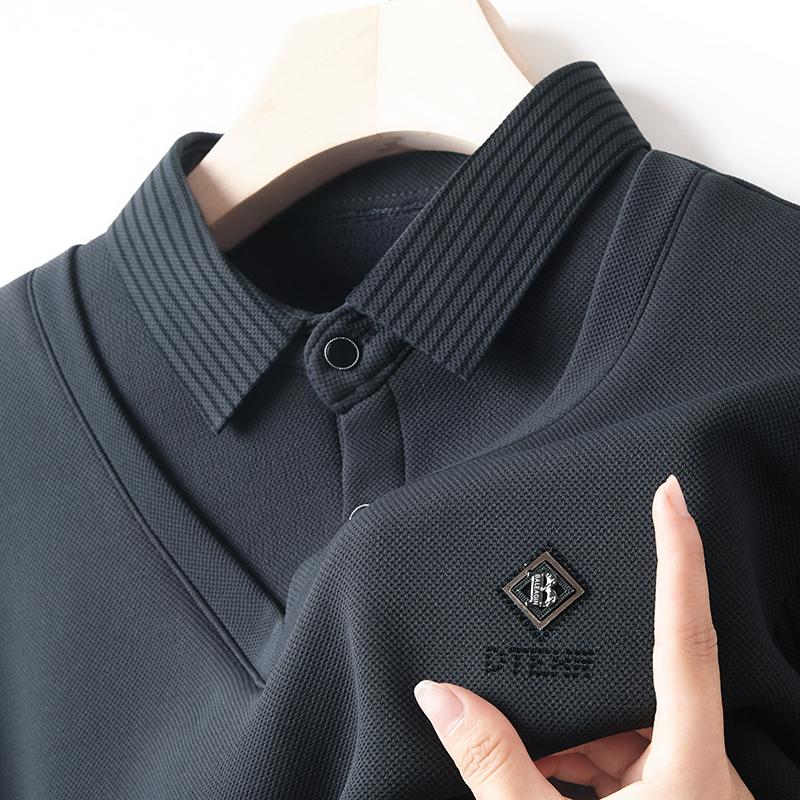 Продвинутый Роскошный Рубашечный Воротник Плюшевый Толстый Свитер Мужской Осенняя Мода Брендовая Вышивка Комплект-двойка с Имитацией Длиннорукавная Футболка