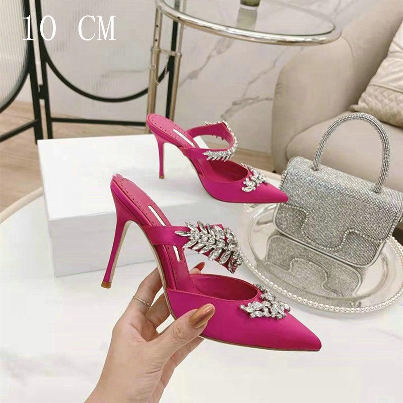 Модные Роскошные Хрустальные Туфли-Слиперы Пшеничное Ухо Стразы Остроносые Босоножки Верх из Шелка и Сатина Высокий Каблук Слиперы Женские