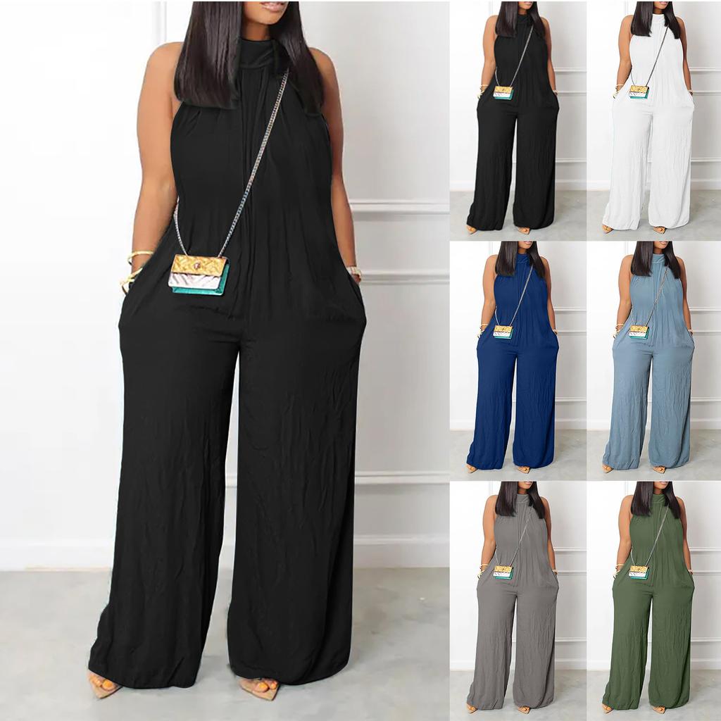 Women's Plus Size Jumpsuit Summer Beach Sleeveless Solid Color Casual Fashion Wide Leg Jumpsuit