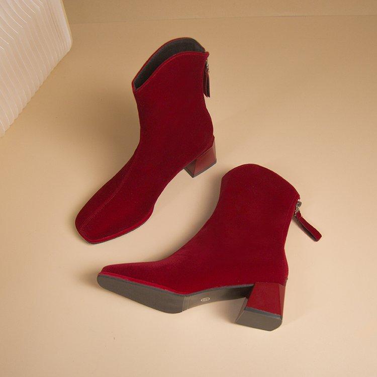 Ботильоны на толстом каблуке, черные, коричневые, флок, женские зимние туфли, элегантные, на высоком каблуке, с острым носком, короткие женские ботильоны