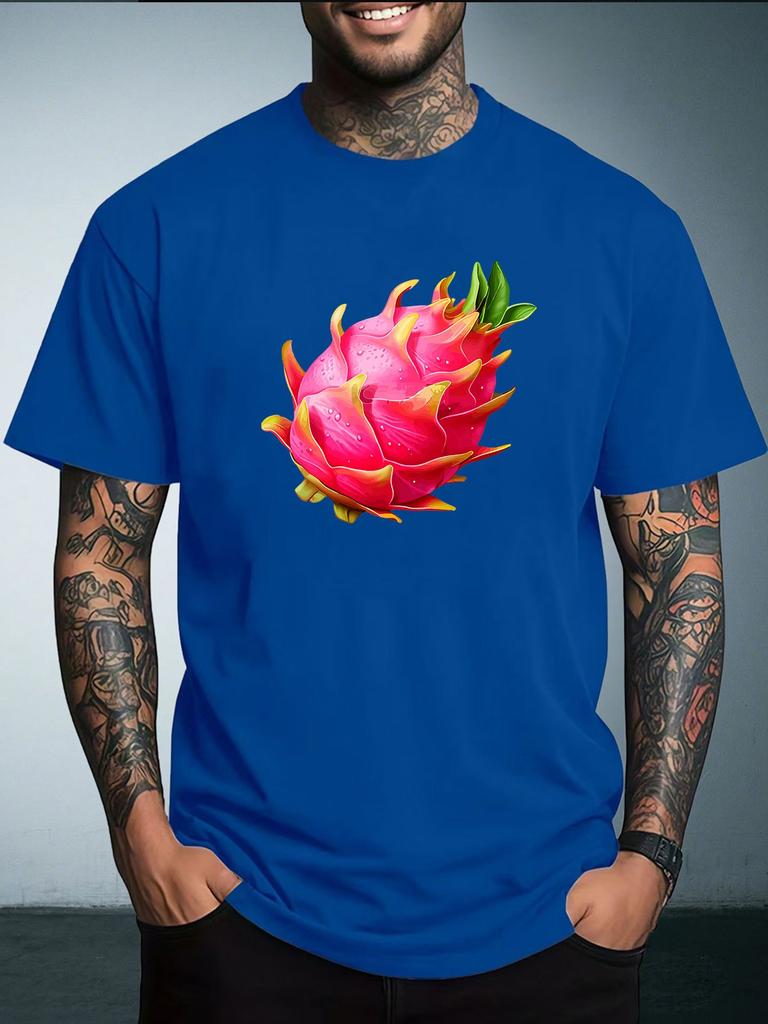 Unisex Summer White Short Sleeve Tee Vivid Red Pitaya Dragon Fruit Graphic Print Crew Neck Loose Casual Male Daily Tops