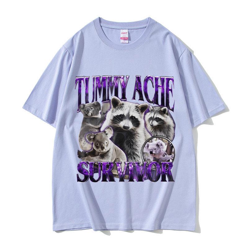 Tummy Ache Survivor Vintage Raccoon Funny Meme Tshirt Unisex Women Casual Cotton Oversized Streetwear Unisex Vintage Short Sleeve