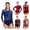 Women Shiny Rhinestones Patchwork Sheer Long Sleeve Color Block Gymnastics Leotard Bodysuit