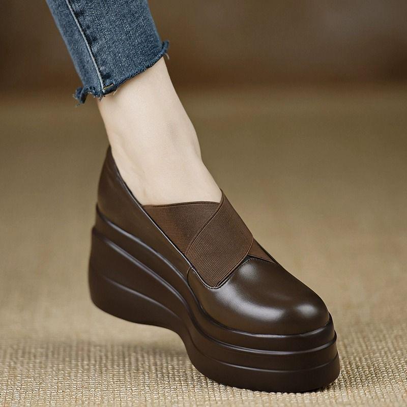 Genuine Leather Platform Loafers - Thick Sole, Round Toe, Slip-on - 2025 Spring/Autumn British Style Collection