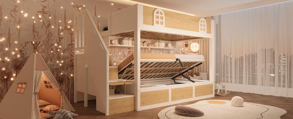 Children's bunk bed 90x200 cm with stair cabinet, white and natural, with safety rail and slatted frame, bed for two children, without mattress