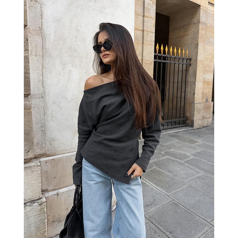 Women S Off Shoulder Knit T Shirt Long Sleeve Solid Color Pullover