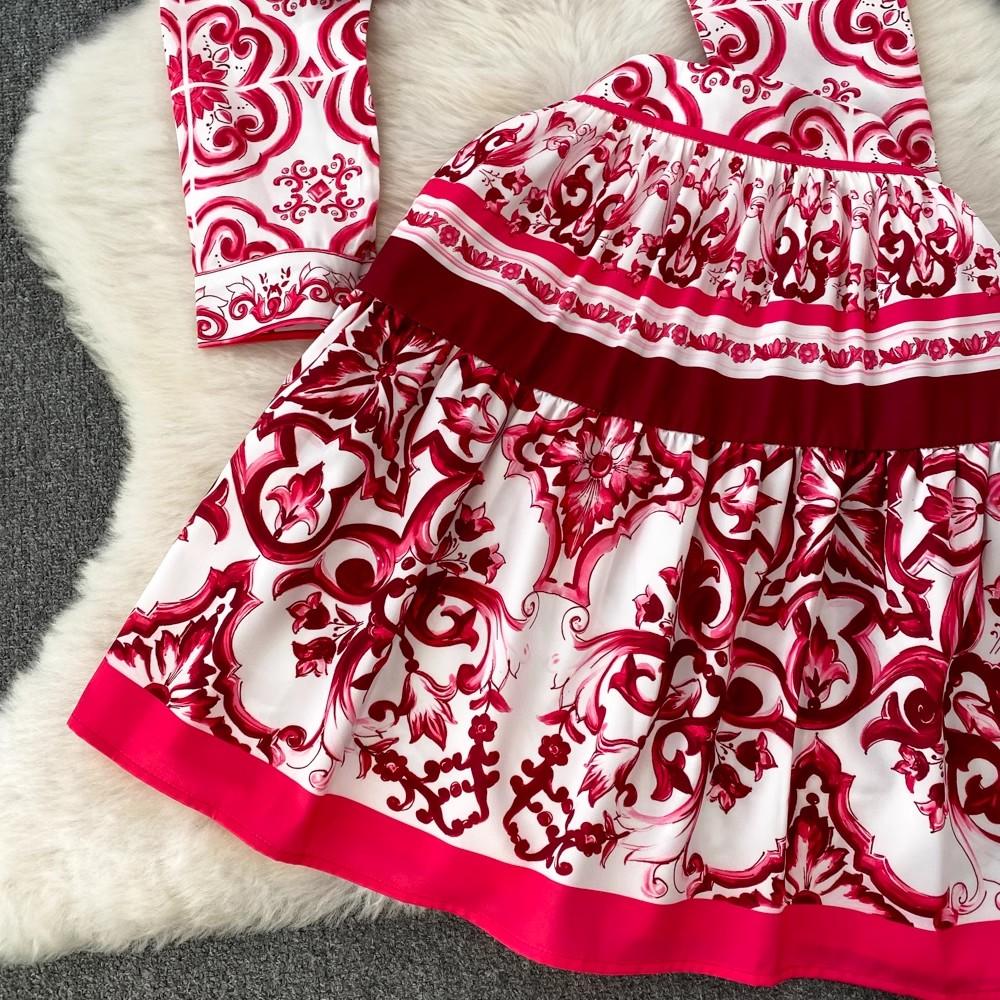 Осенняя мода на подиуме, красный, зеленый, синий и белый фарфоровый цветочный принт, женская рубашка, топ + мини-юбка трапециевидной формы, комплекты из двух предметов