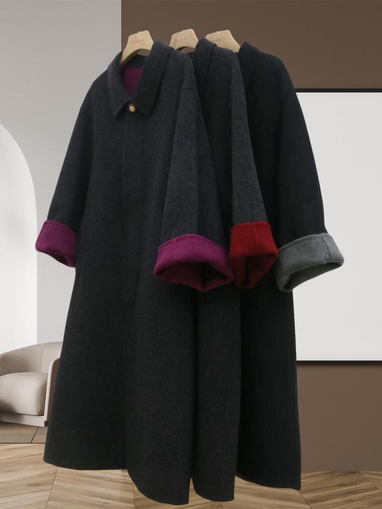 Двухцветное шерстяное пальто-кокон - Минималистичное, Высококачественное, Утепленное, Свободного кроя, Двустороннее