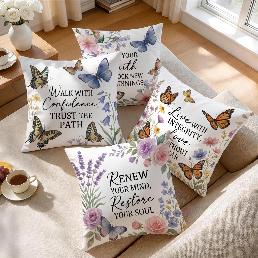 4pcs Butterfly Flower Motto Design Cushions Pillowcase Polyester Cushion Cover Throw Pillow Pillowcover Home Car Sofa Decor