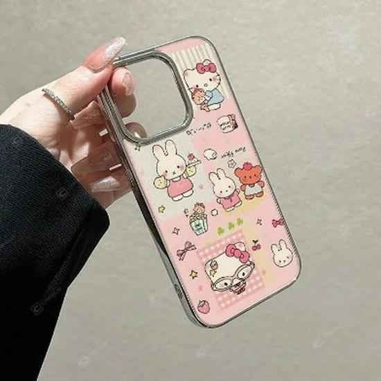 Посеребренная рамка Чехол Hello Kitty и Кролик Миффи для Apple 17 Pro Max 16 Прозрачный 15 Простой 14/13 Pro